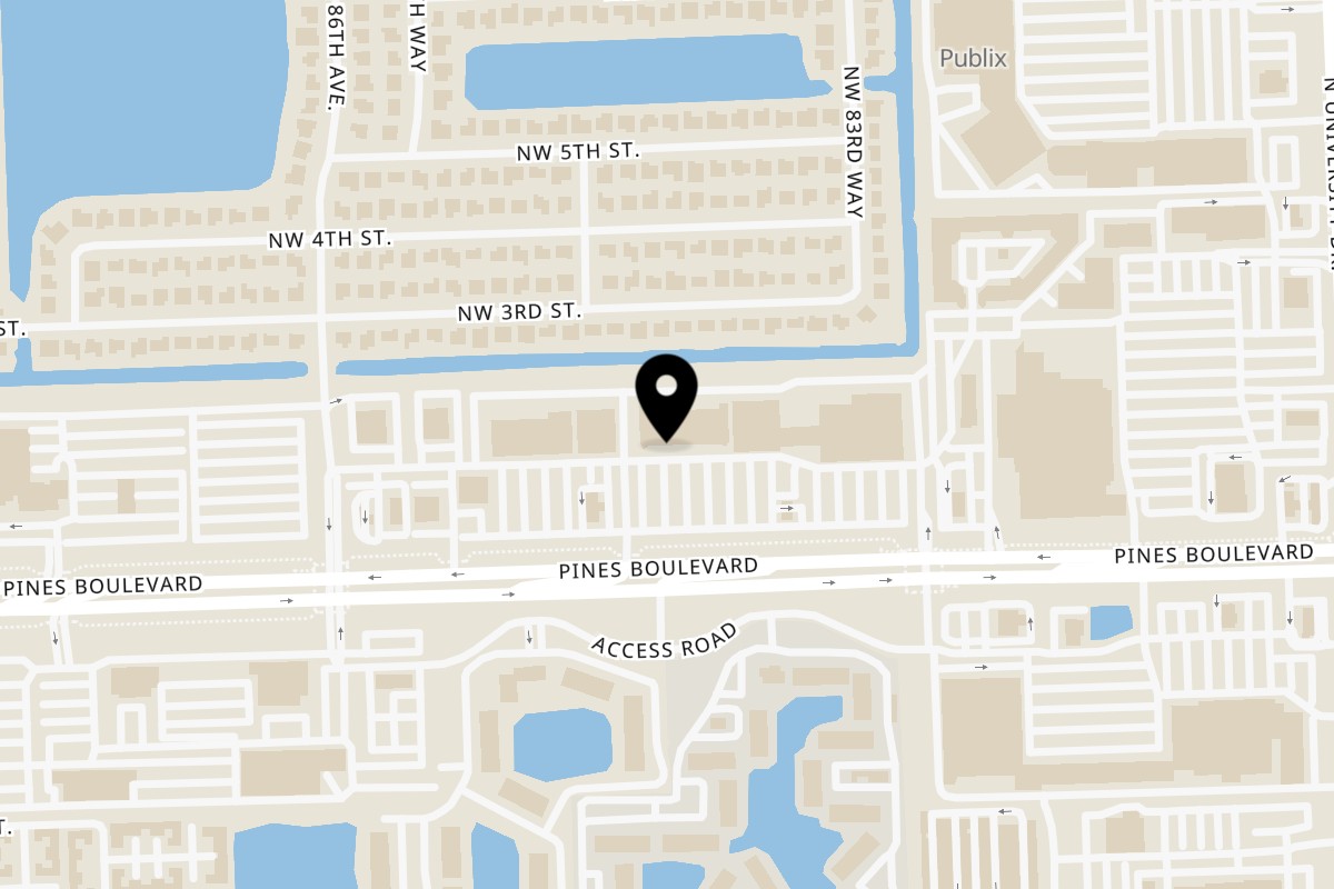 Map showing the location of Rickey’s Sports Bar & Grill on 8389 Pines Blvd in Pembroke Pines